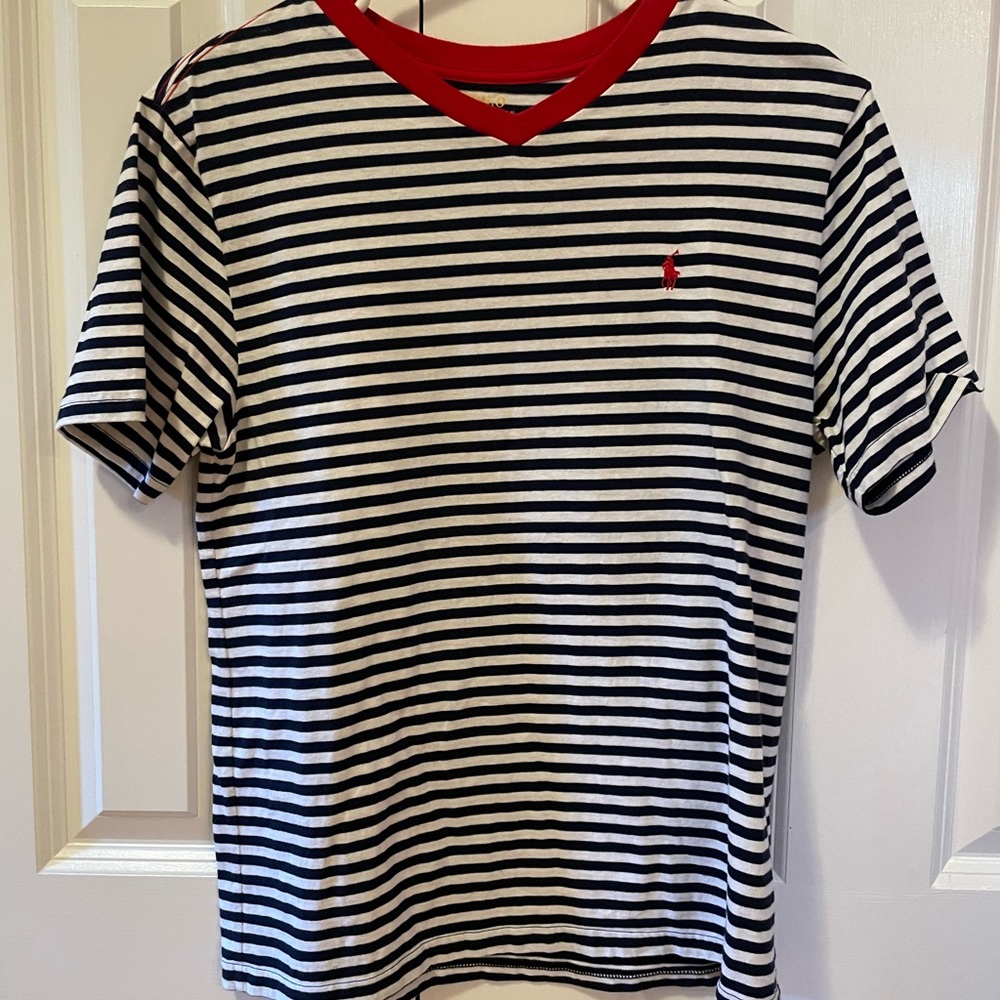Boys Polo short sleeve V-Neck shirt.Size Large(14-16).Color blue&white stripes.
